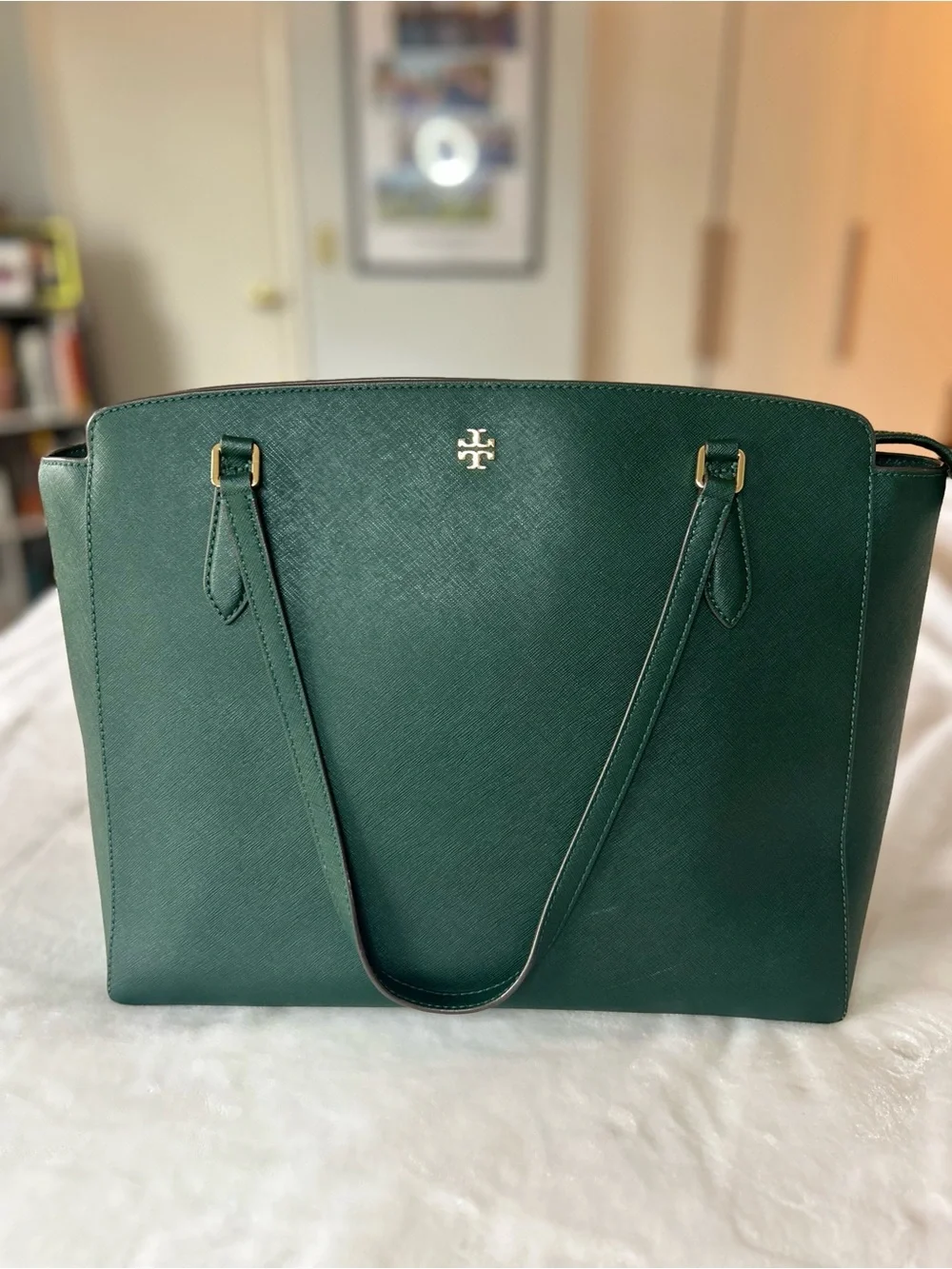 Tory Burch Dark Green Saffiano Leather Large Tote with Gold Hardware.